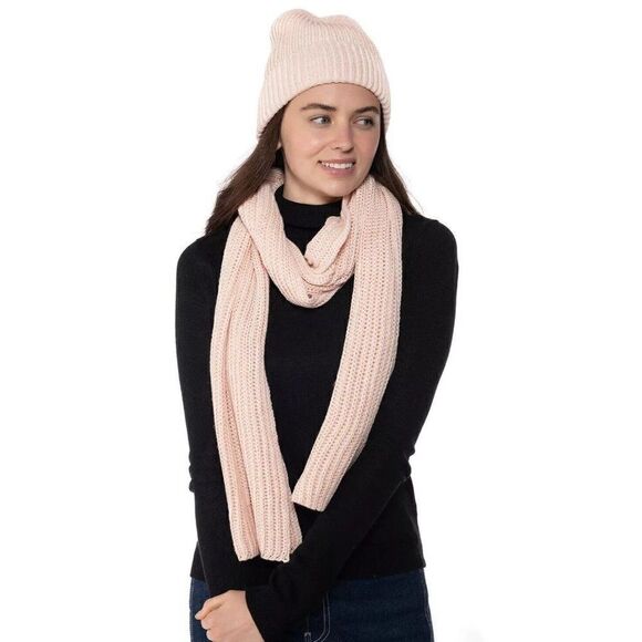 Style & Co Women's Solid Shine Ribbed Scar and Beanie Combo, Blush - Picture 1 of 8